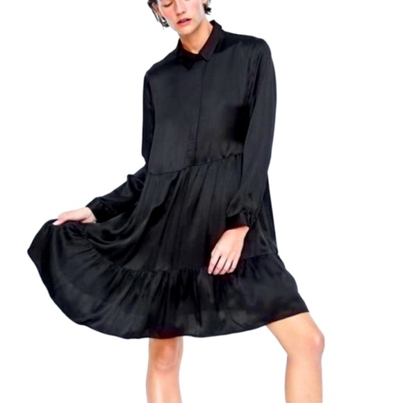 Zara Woman Black Silky Ruffle Tunic Dress Size XS - Picture 1 of 11
